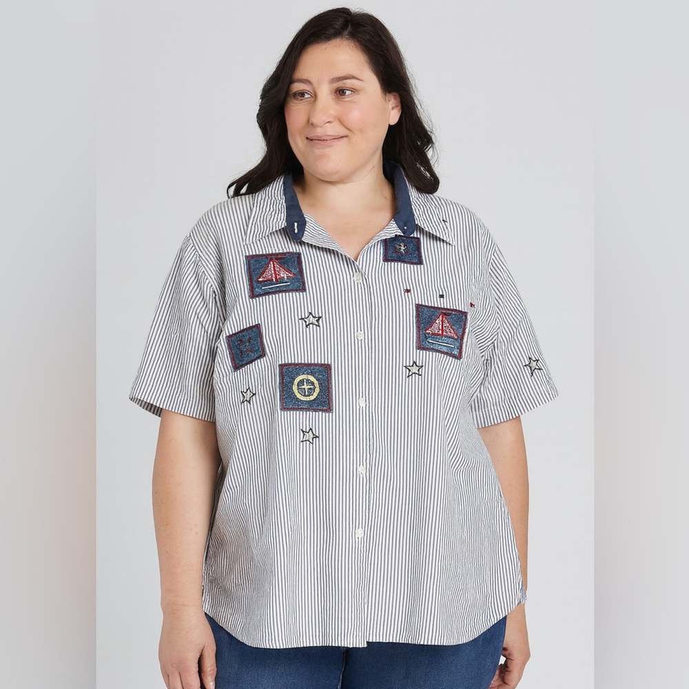 80’s Bobbie Brooks Navy Striped Shirt with Nautical Patches‎ 18W
